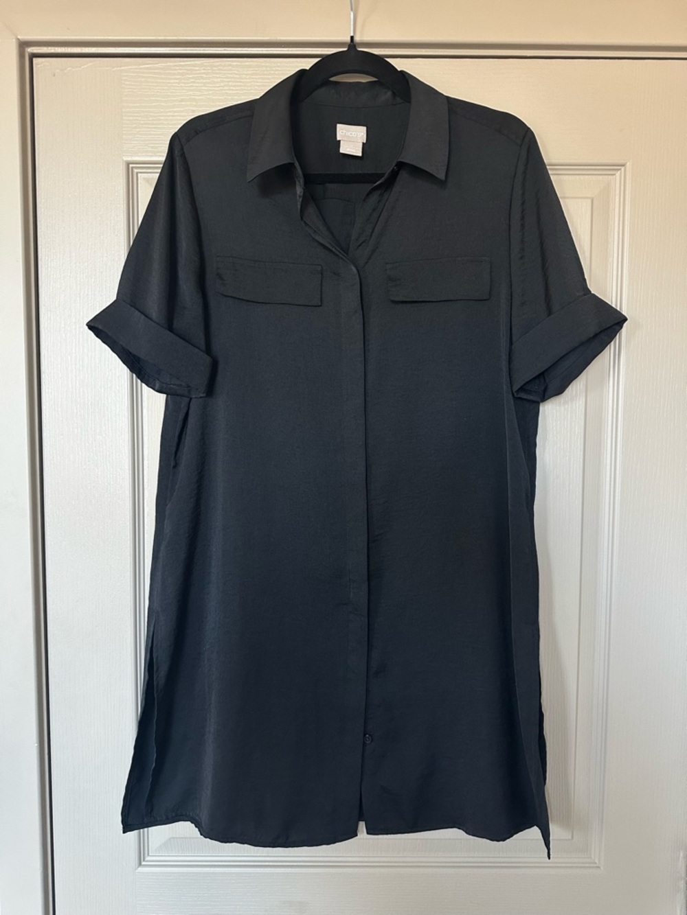 Chico’s Black Button Front Tunic Shirt Size 1 Short Sleeve Lightweight - Picture 4 of 12